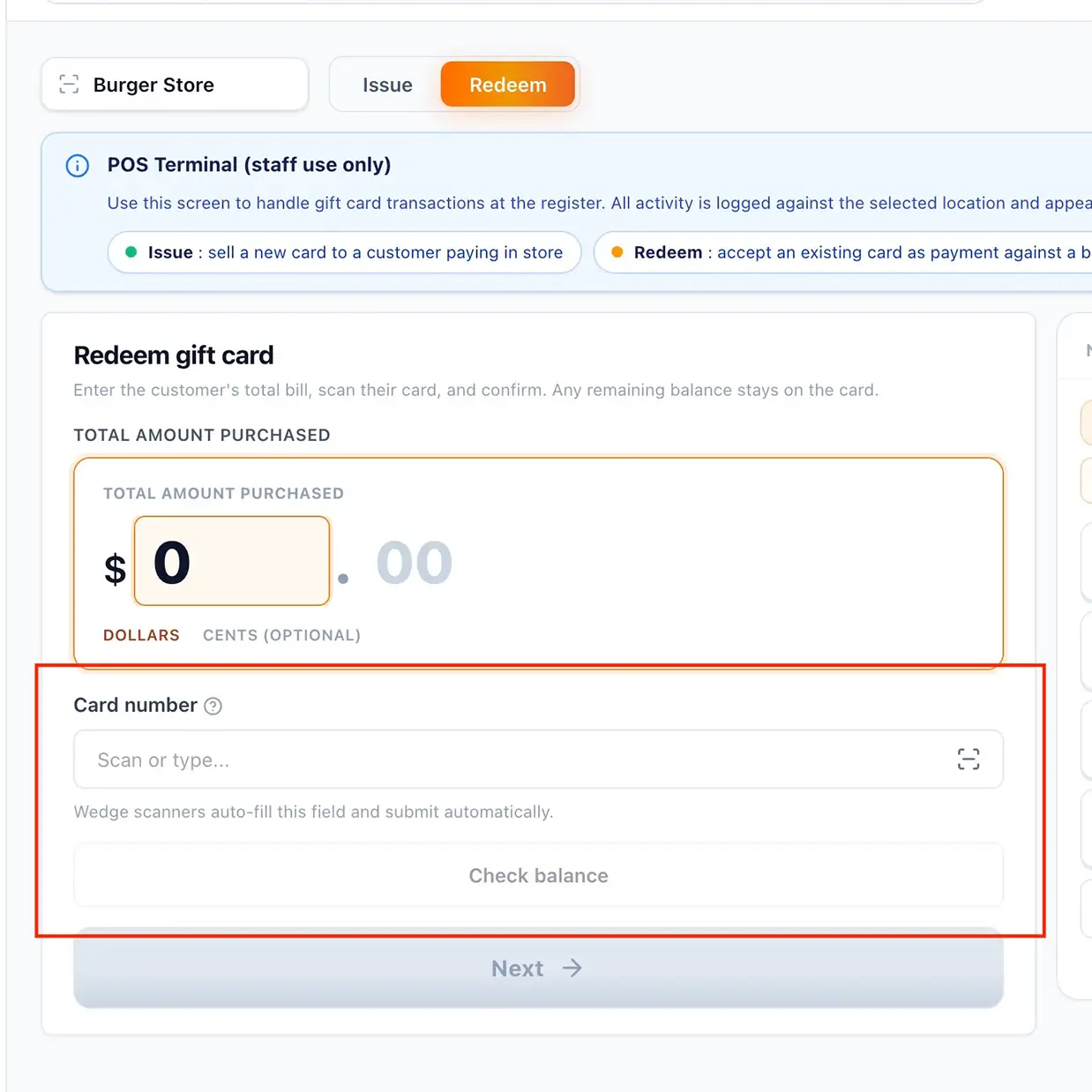 POS Redeem tab, showing card number field and Check balance button