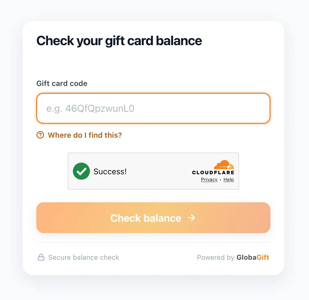 Balance checker page, showing the gift card code field and the remaining balance result with the merchant name and masked card details