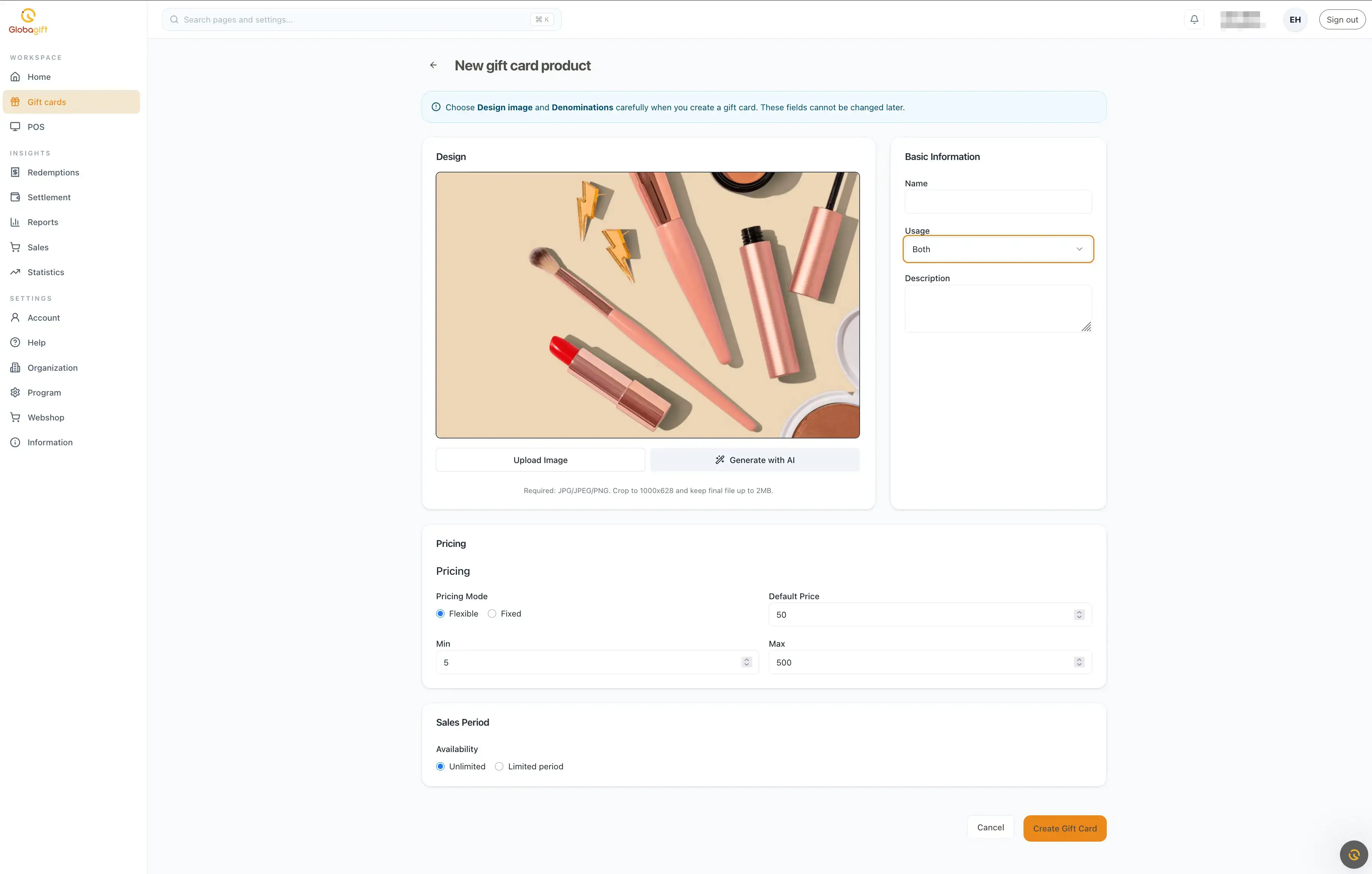 New gift card product form, showing design upload, basic information, pricing, and sales period