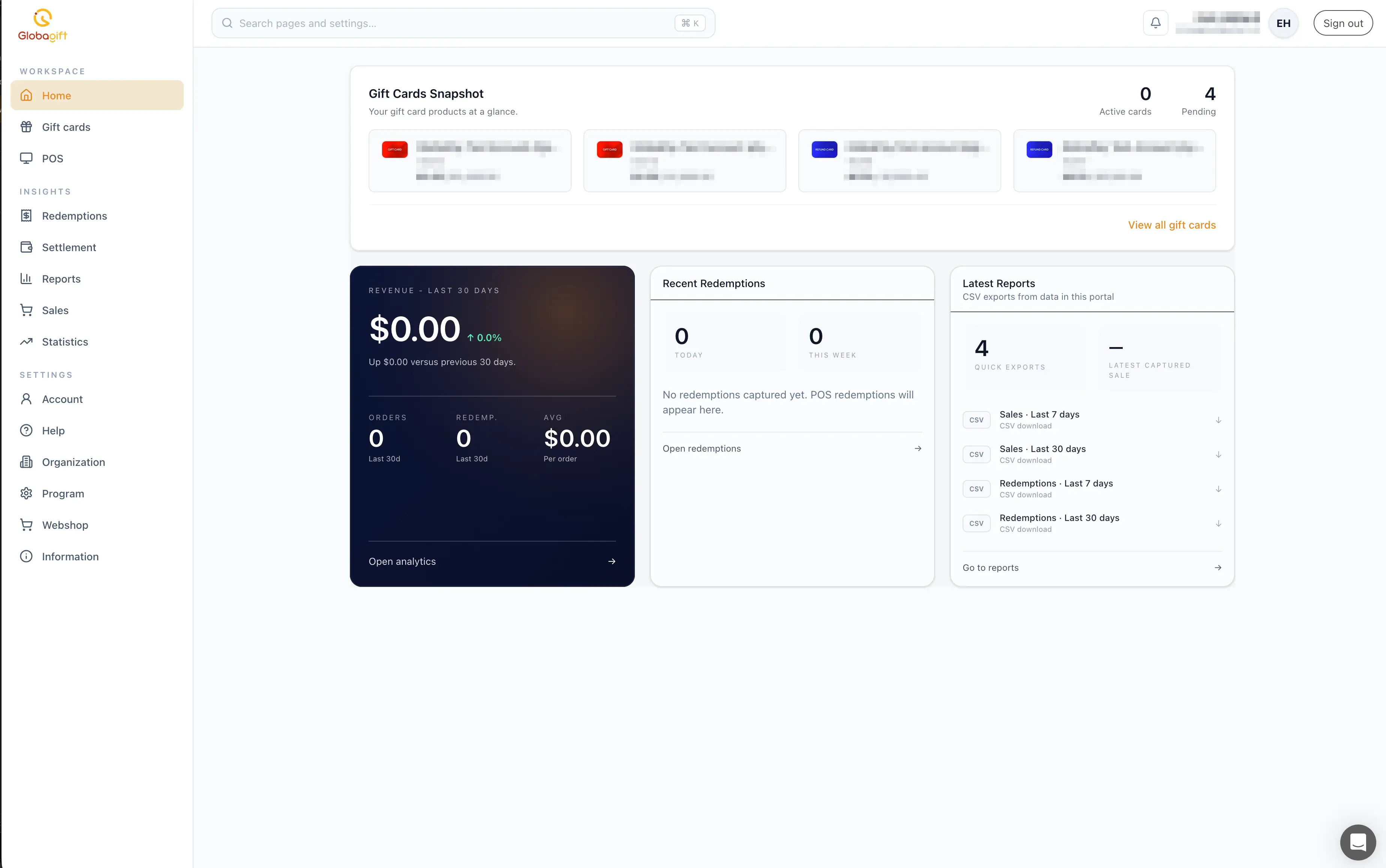 Dashboard home, showing the gift cards snapshot, revenue summary, recent redemptions, and latest report exports