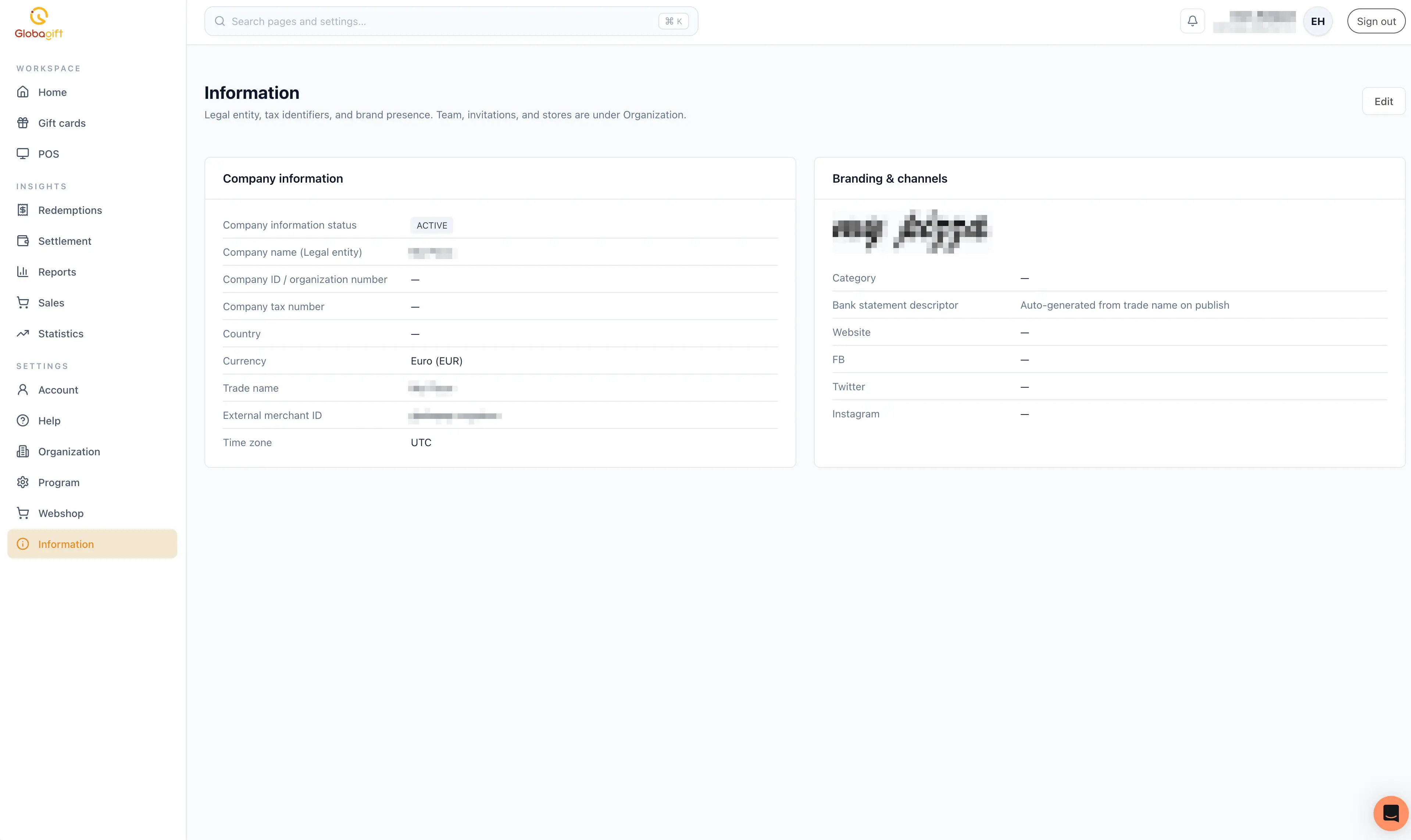 Information page, showing company information and branding & channels