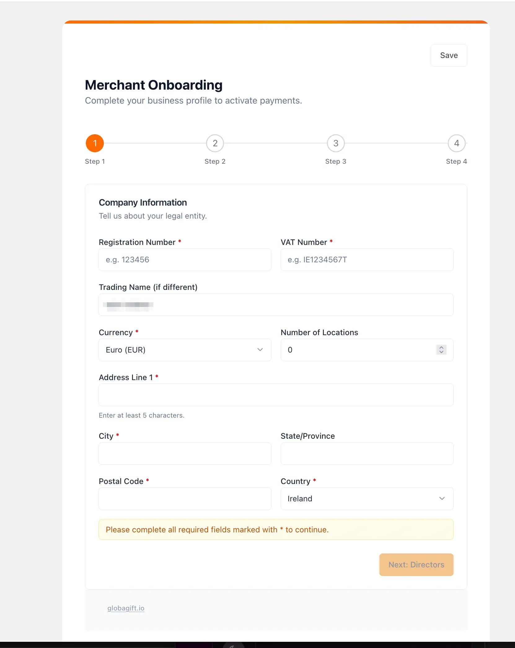 Merchant onboarding step 1, company information form with registration number, VAT number, currency, and address fields
