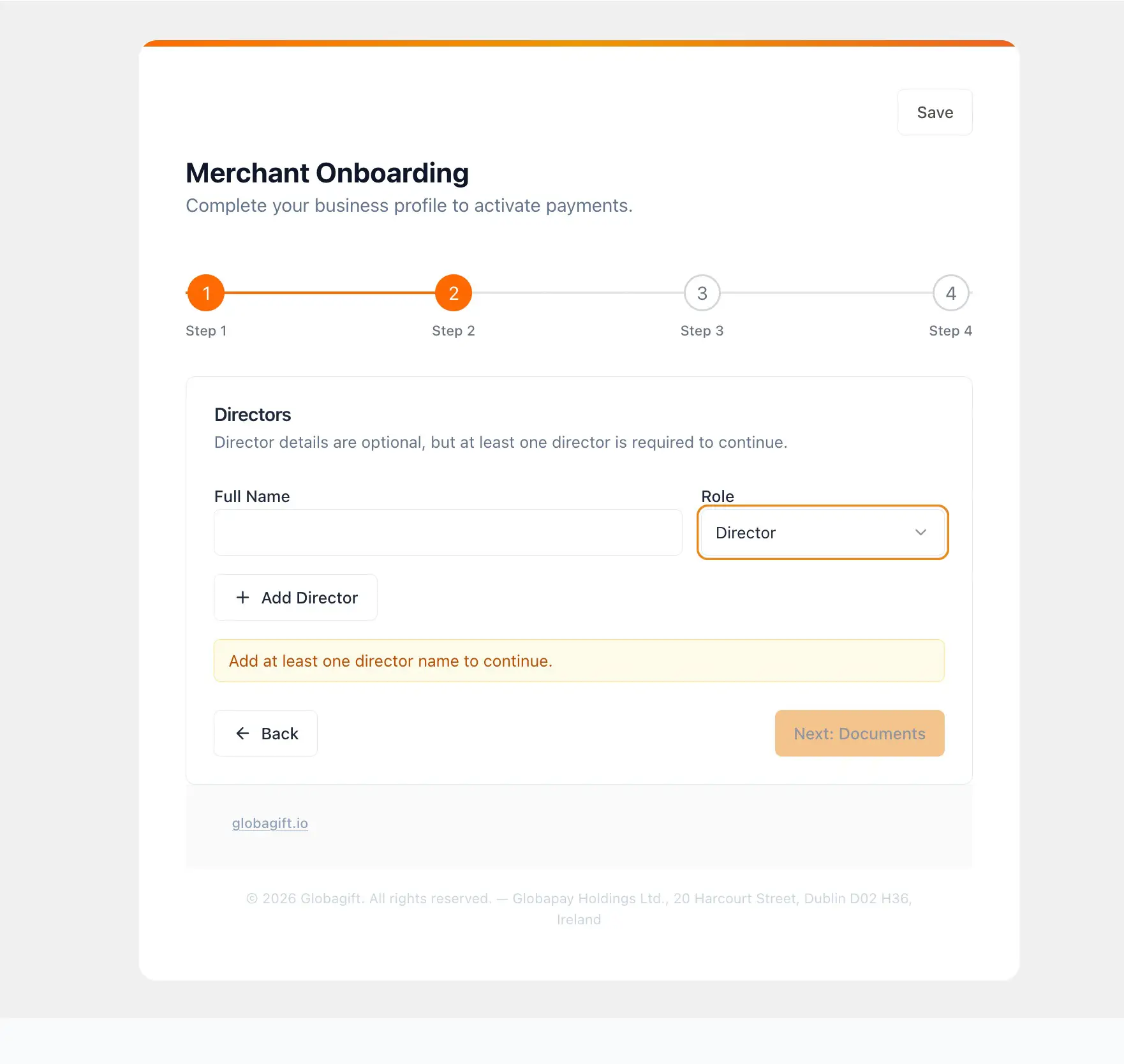 Merchant onboarding step 2, directors form with full name and role fields