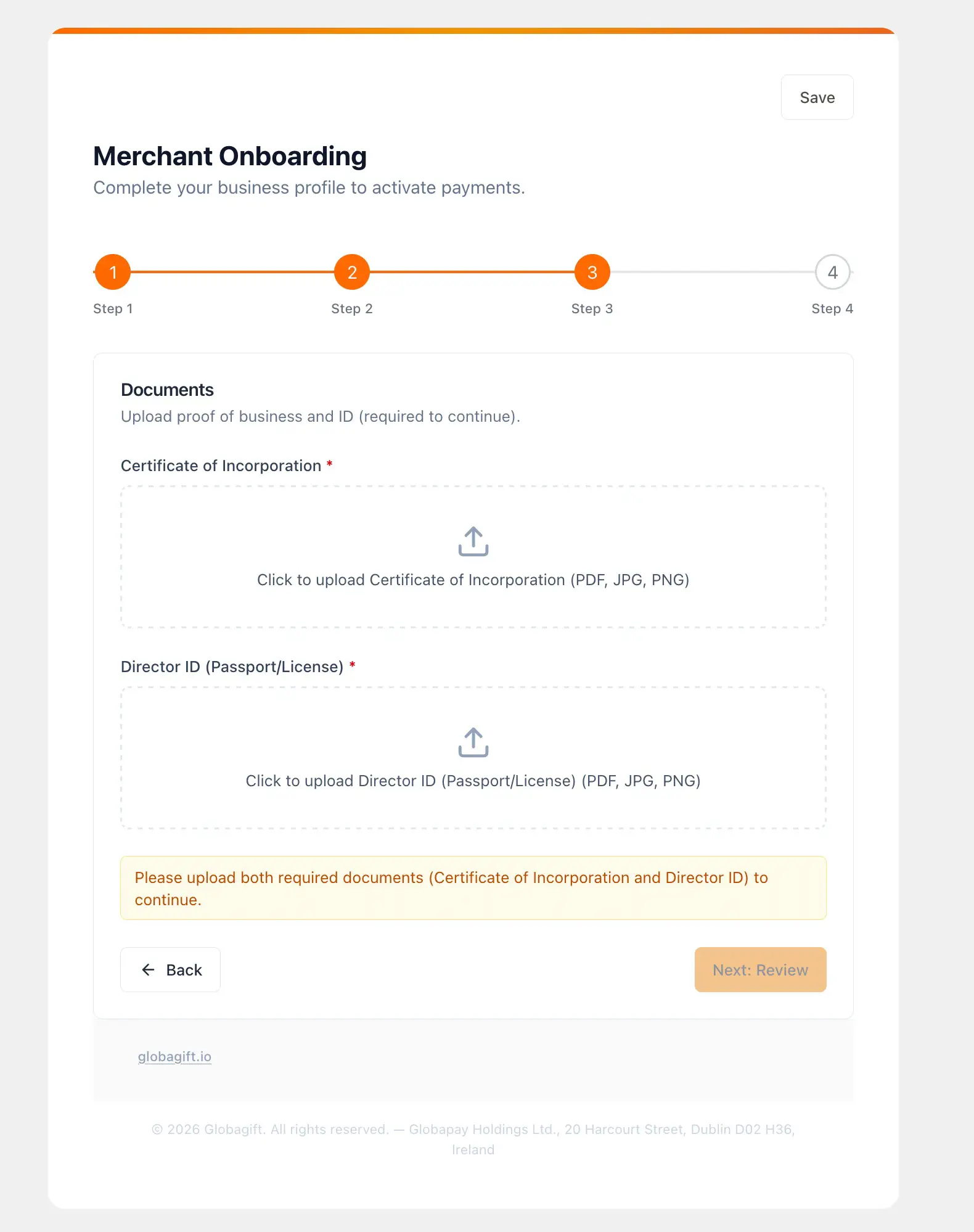 Merchant onboarding step 3, document upload fields for Certificate of Incorporation and Director ID