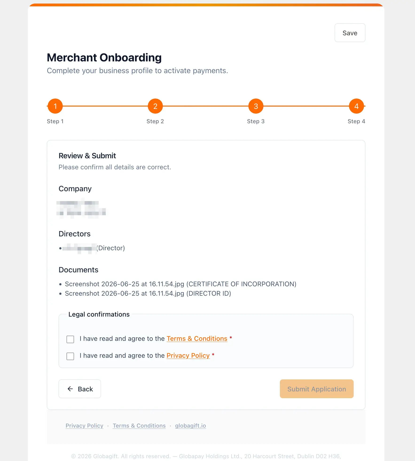 Merchant onboarding step 4, review and submit screen with company, directors, documents, and legal confirmations