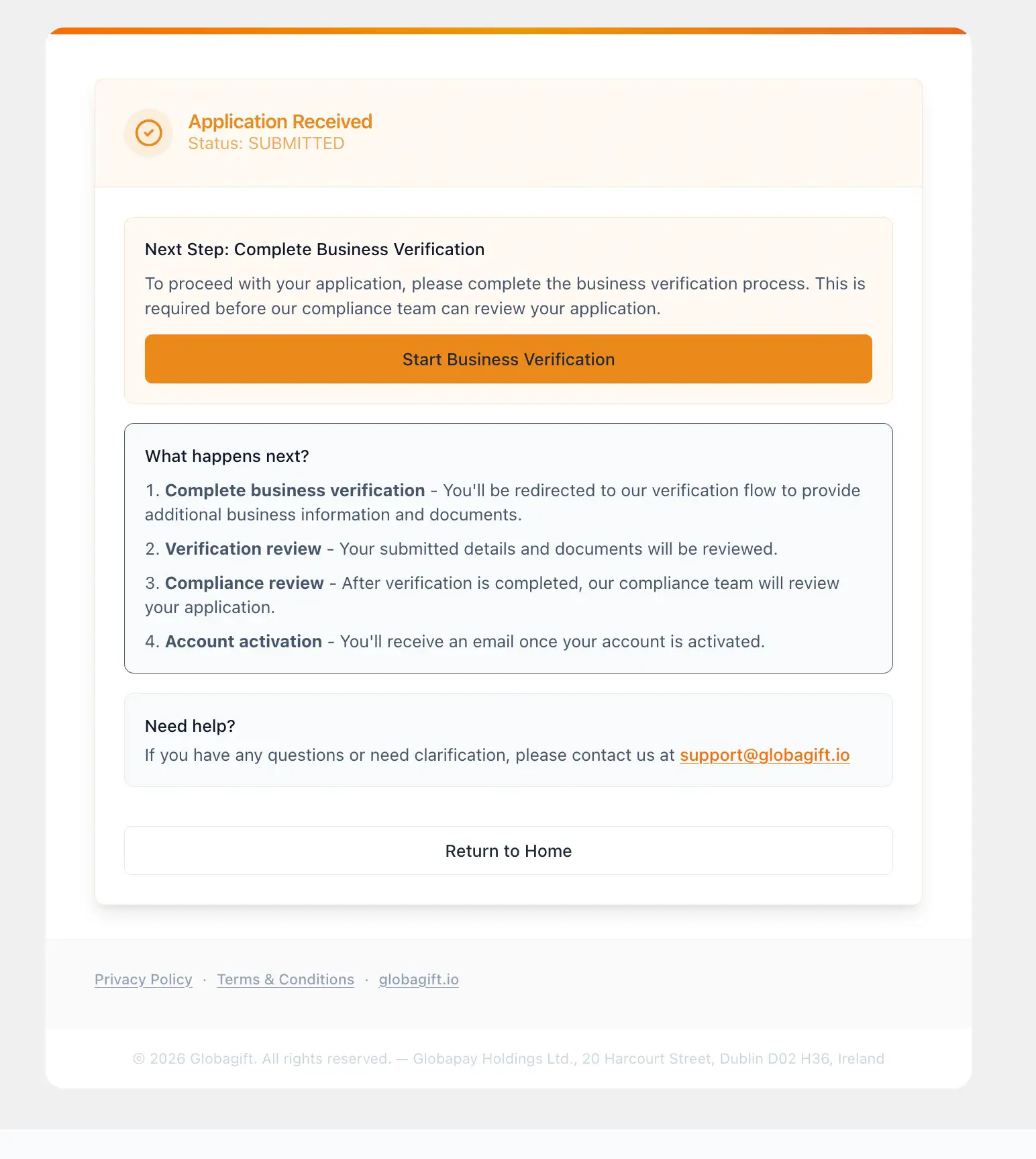 Application Received page, showing status SUBMITTED and the next step to start business verification
