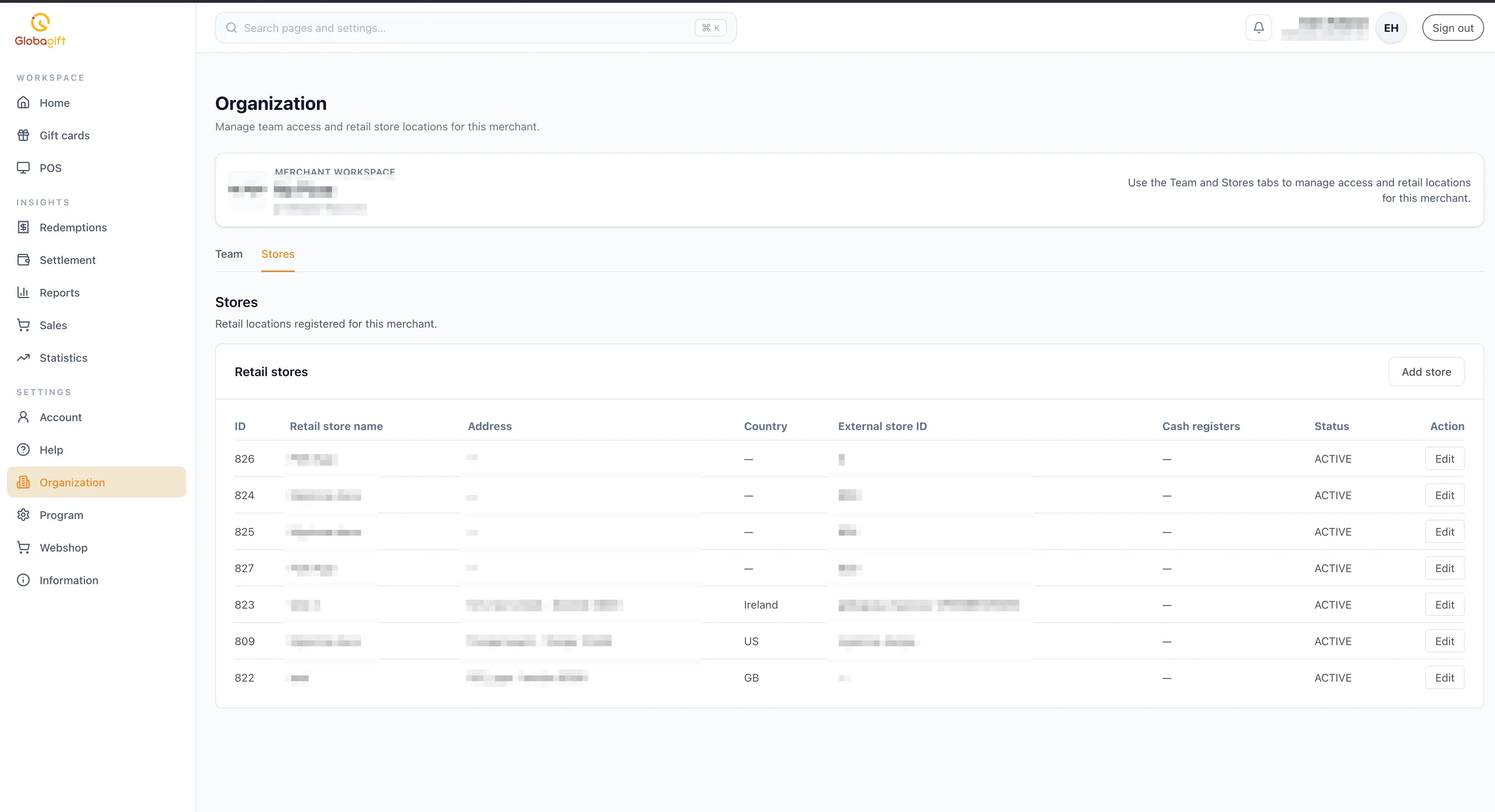 Organization Stores tab, showing the retail stores table with ID, name, address, country, and status