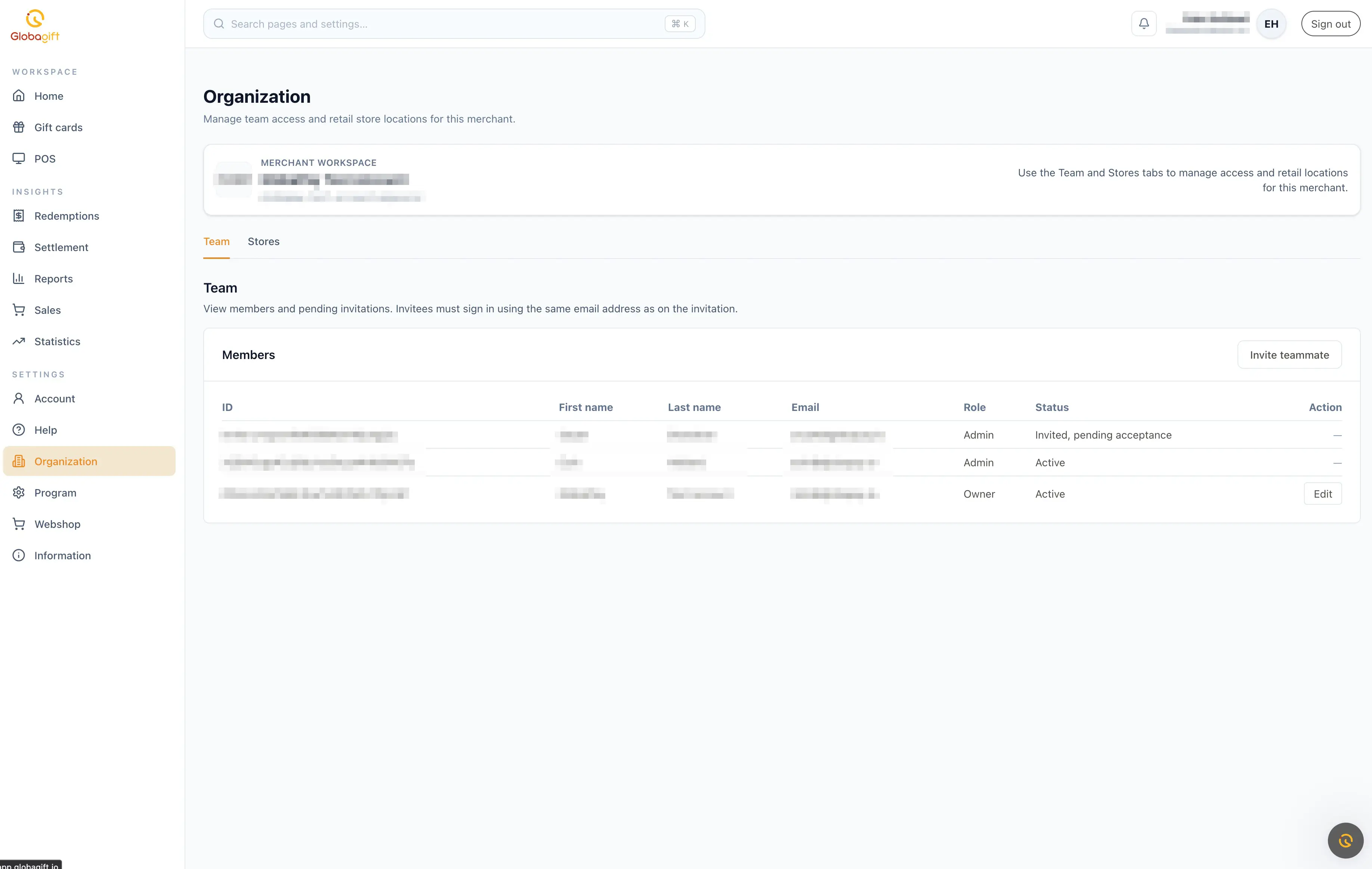 Organization Team tab, showing the members table with ID, name, email, role, and status