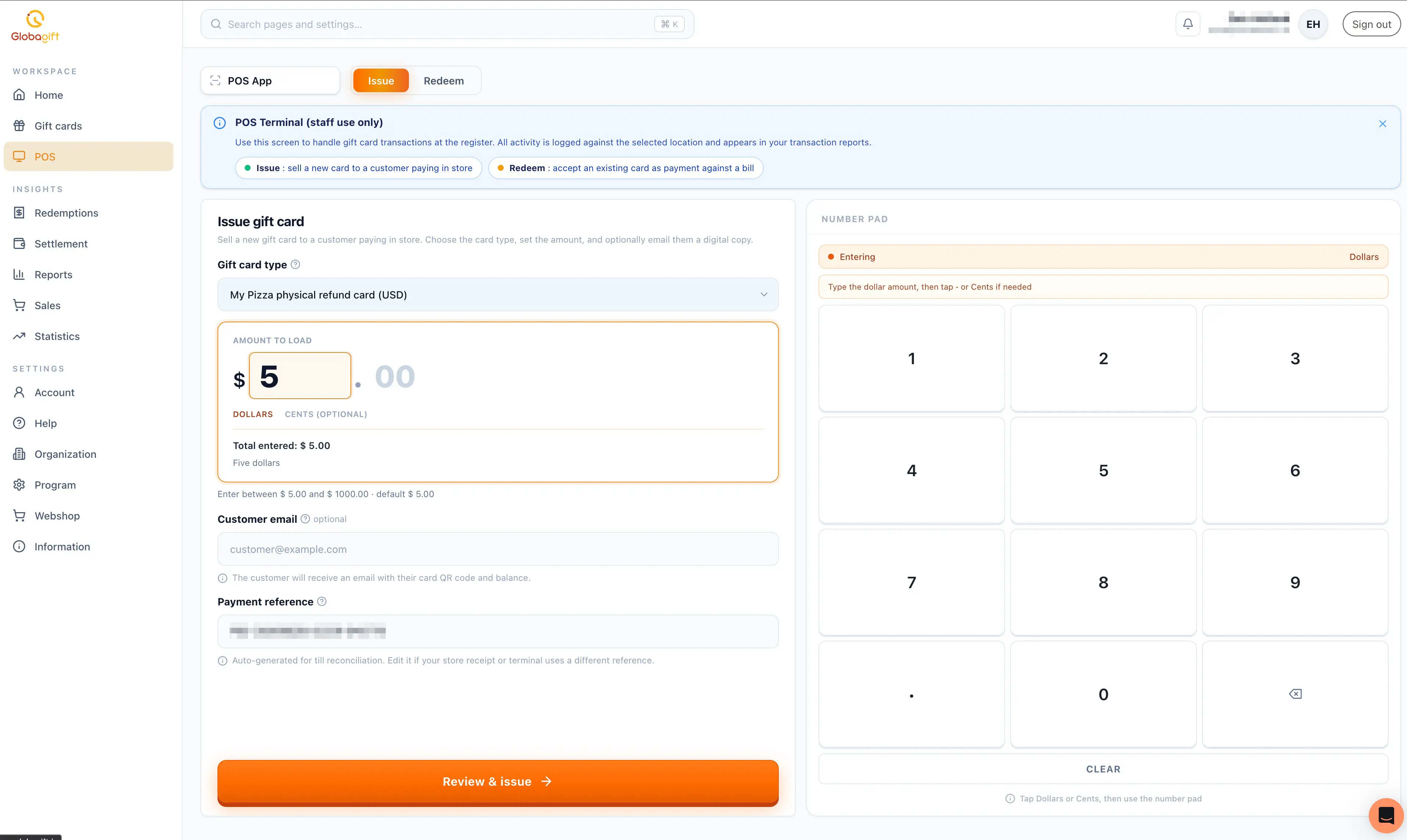 POS Issue tab, showing gift card type, amount to load, customer email, and payment reference