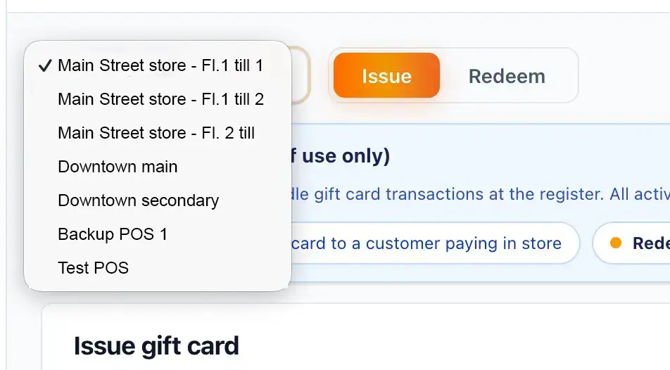 POS location selector, showing the list of configured retail locations