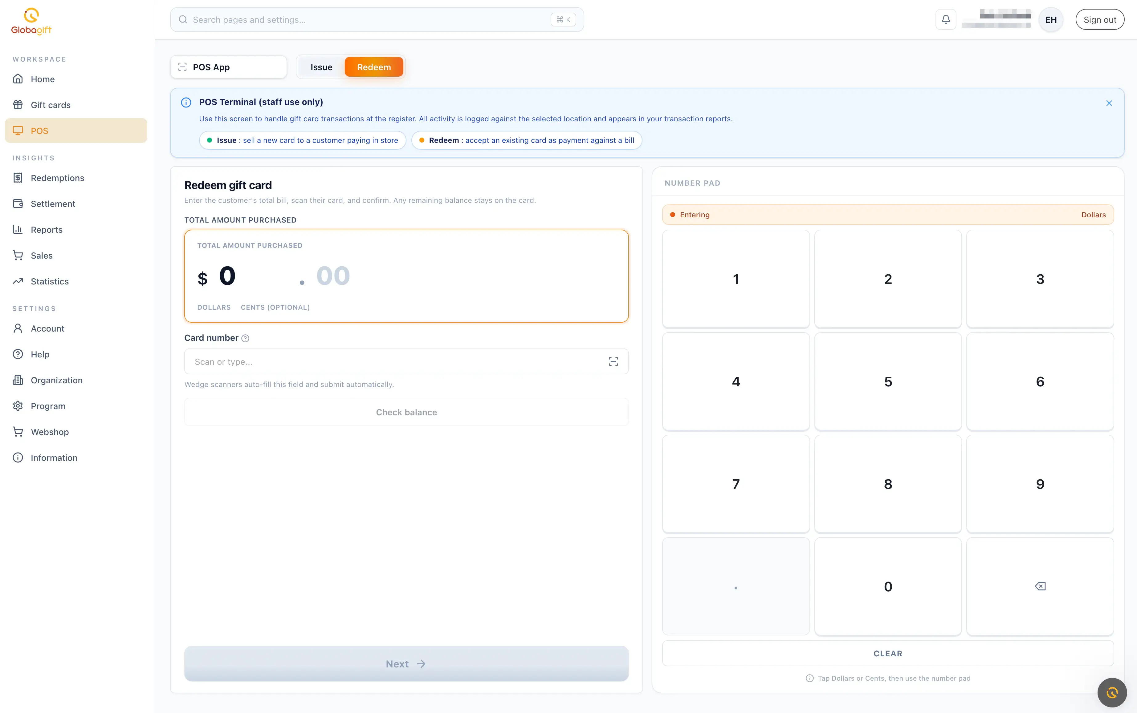 POS Redeem tab, showing total amount purchased, card number field, and check balance action