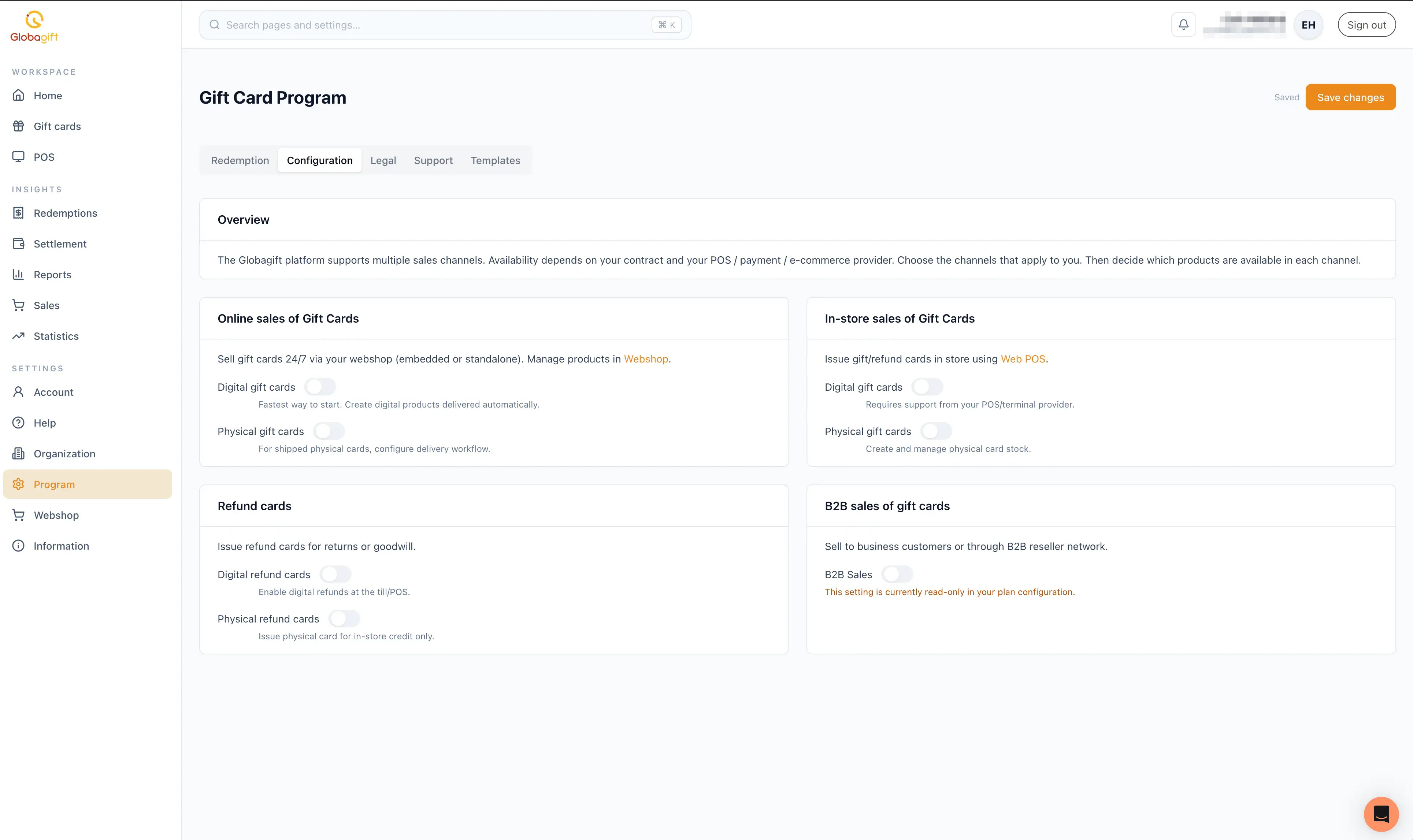 Gift Card Program, Configuration tab, showing online sales, in-store sales, refund cards, and B2B sales toggles