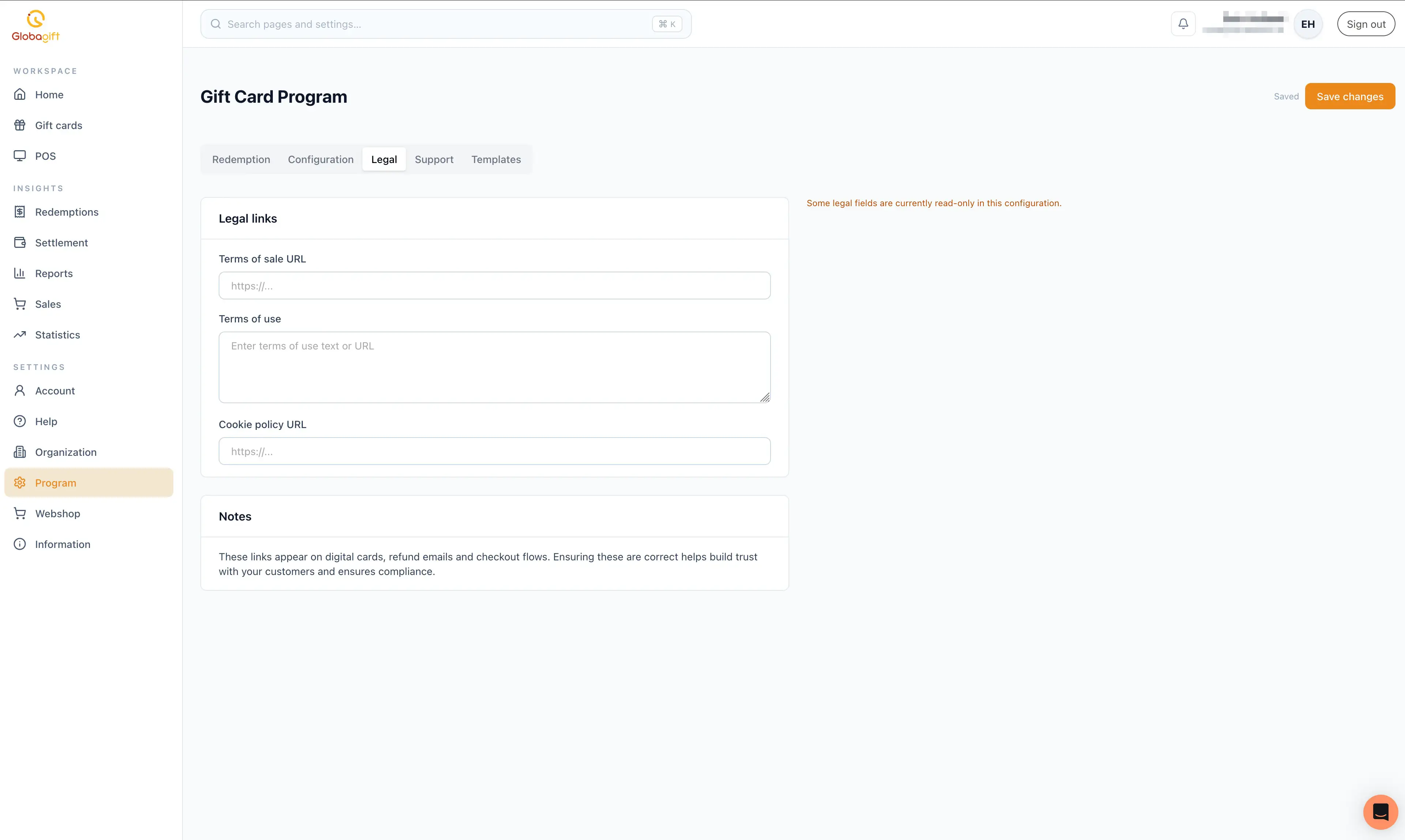 Gift Card Program, Legal tab, showing terms of sale, terms of use, and cookie policy fields