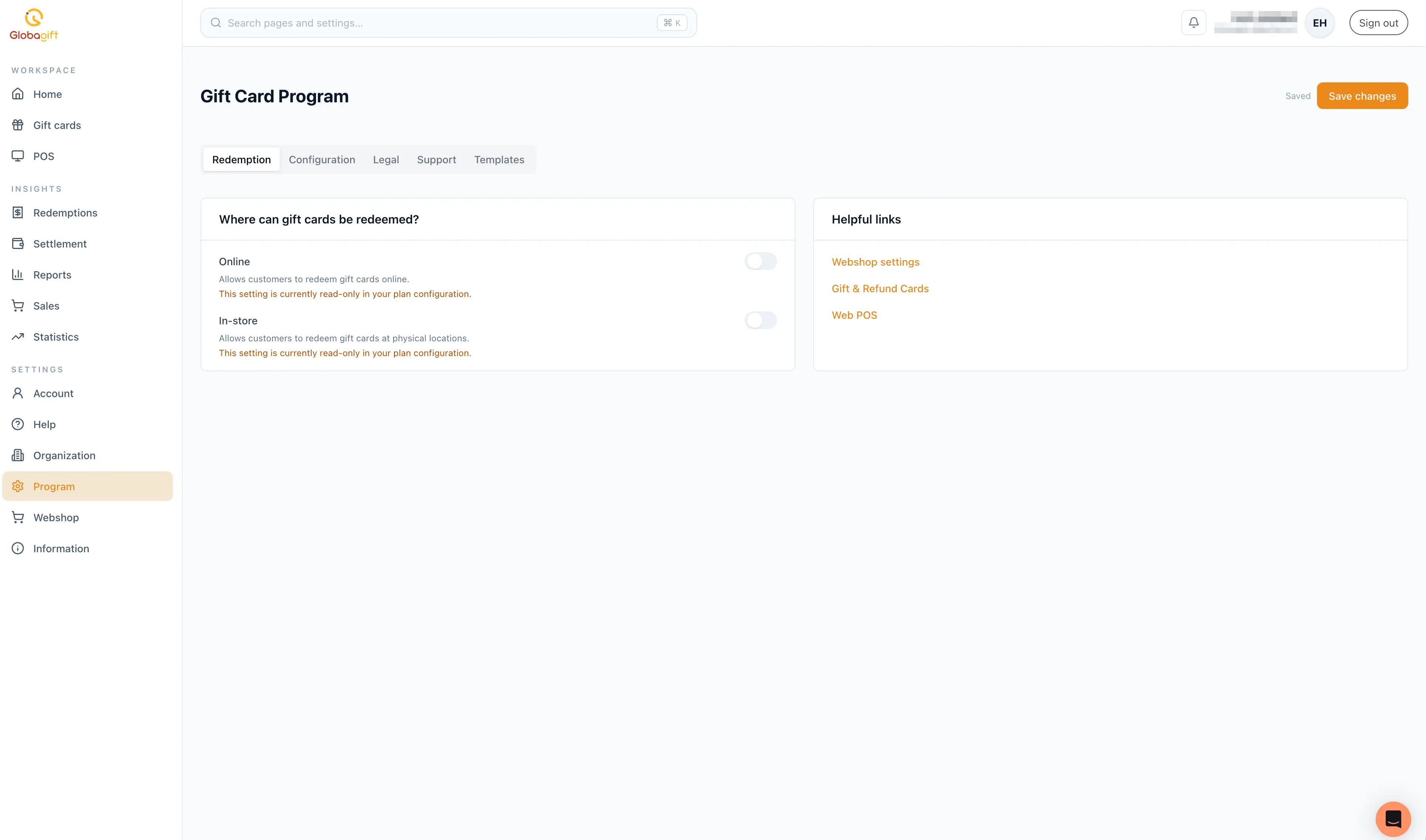 Gift Card Program, Redemption tab, showing the online and in-store toggles and helpful links