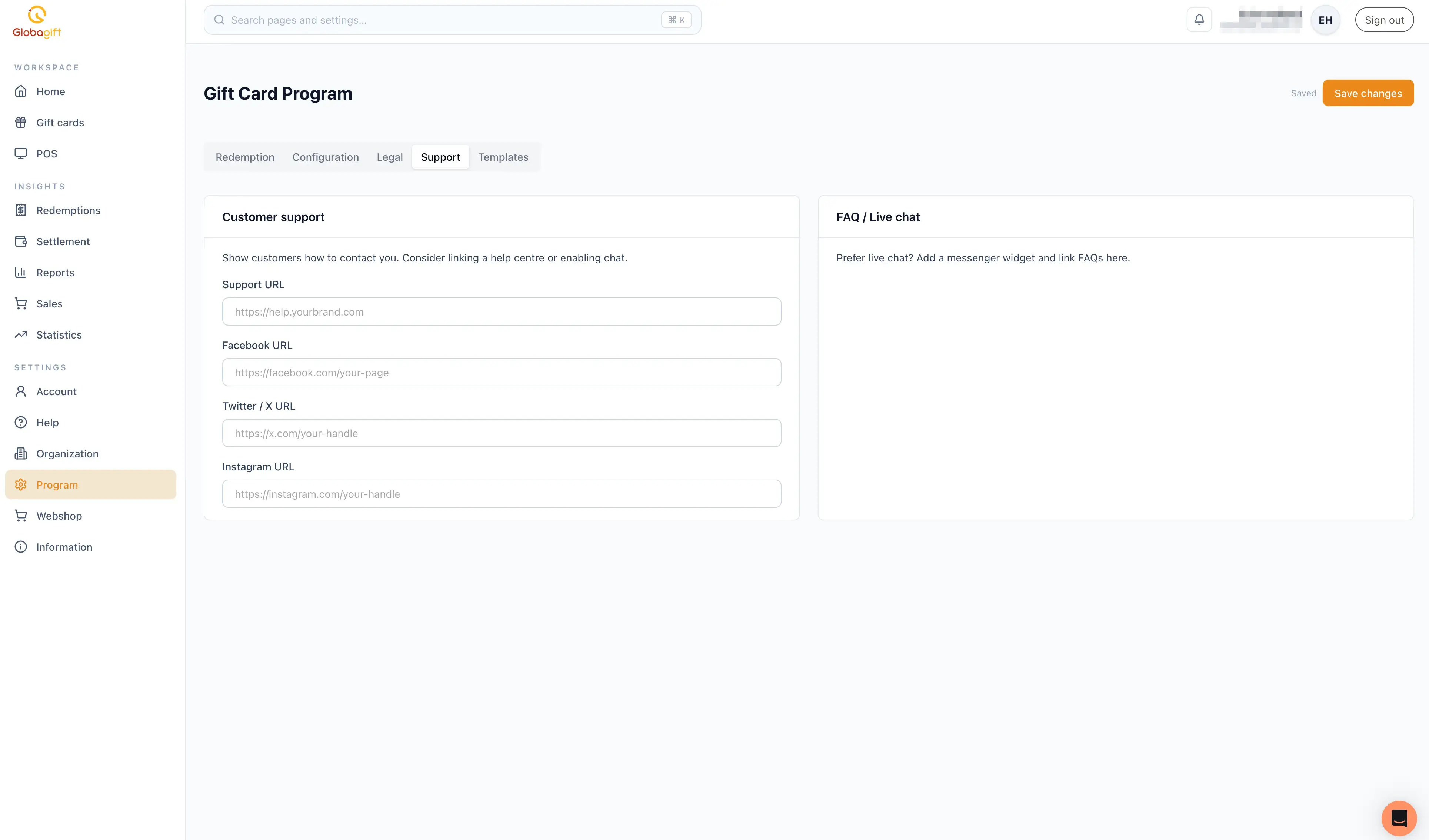 Gift Card Program, Support tab, showing customer support links and FAQ/live chat panel