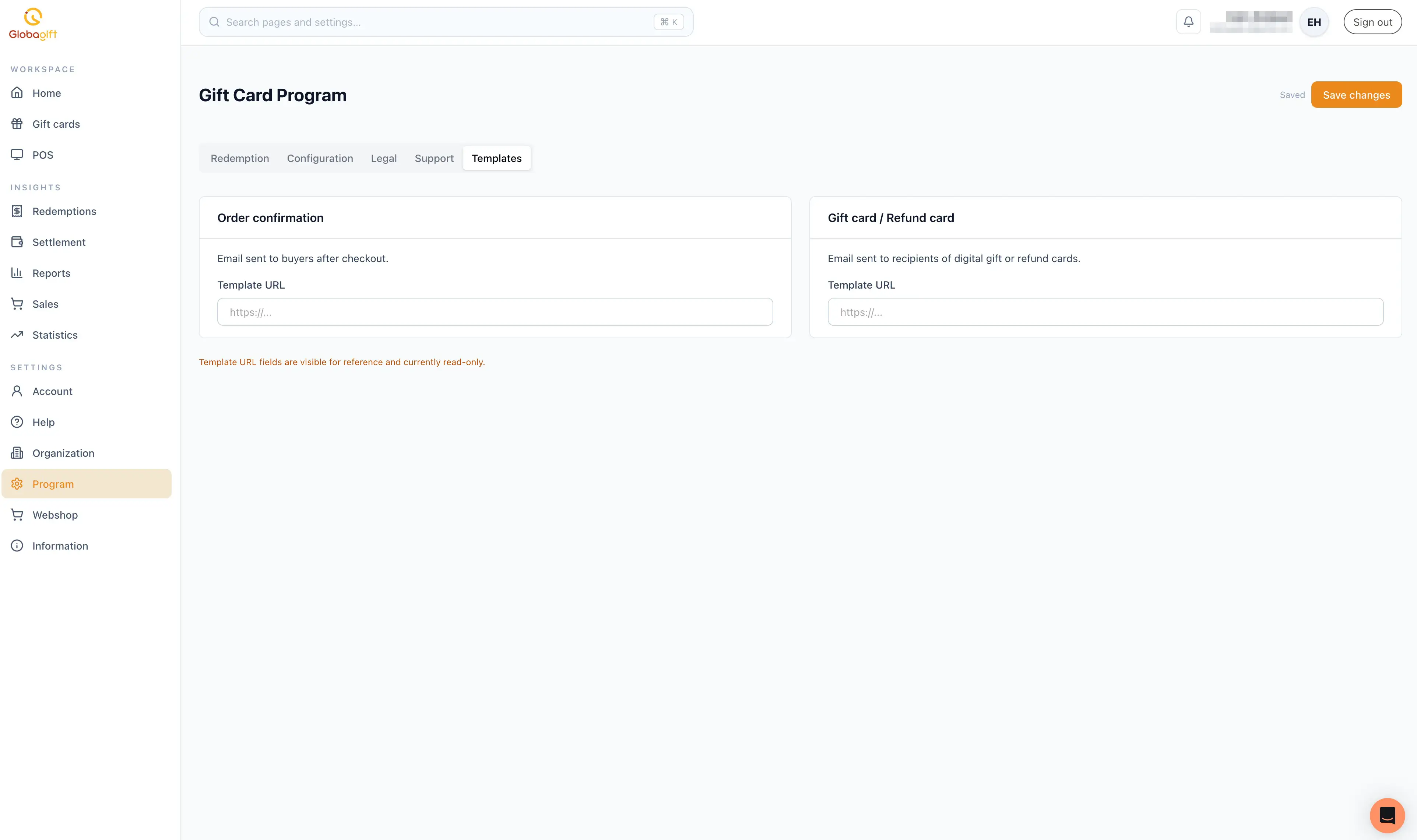 Gift Card Program, Templates tab, showing order confirmation and gift card/refund card template URLs