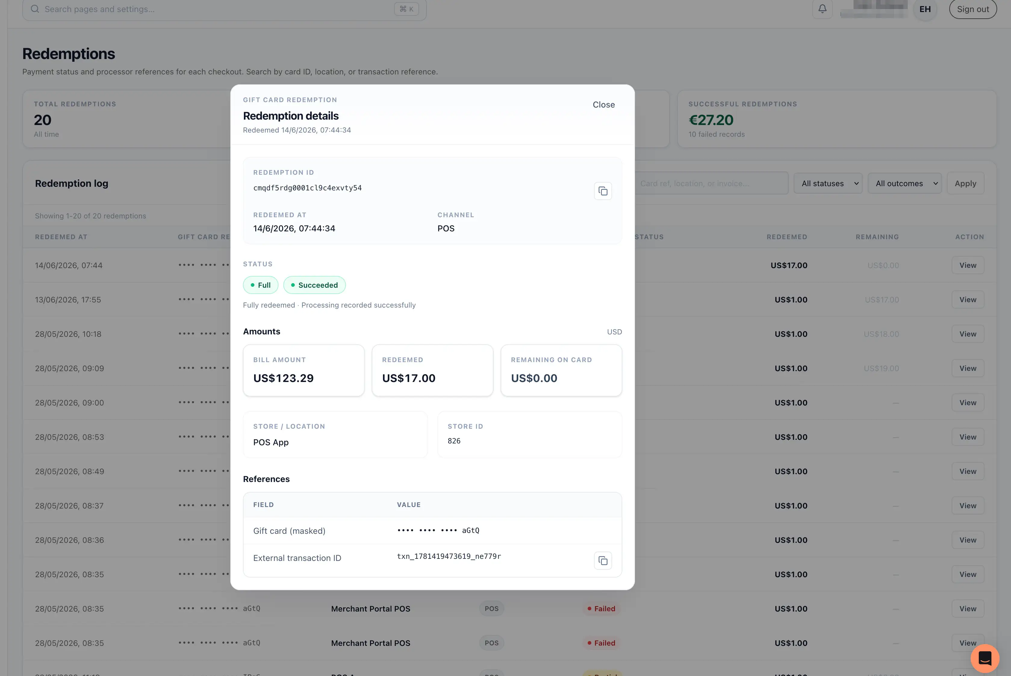Redemption details panel, showing status, amounts, store/location, and references