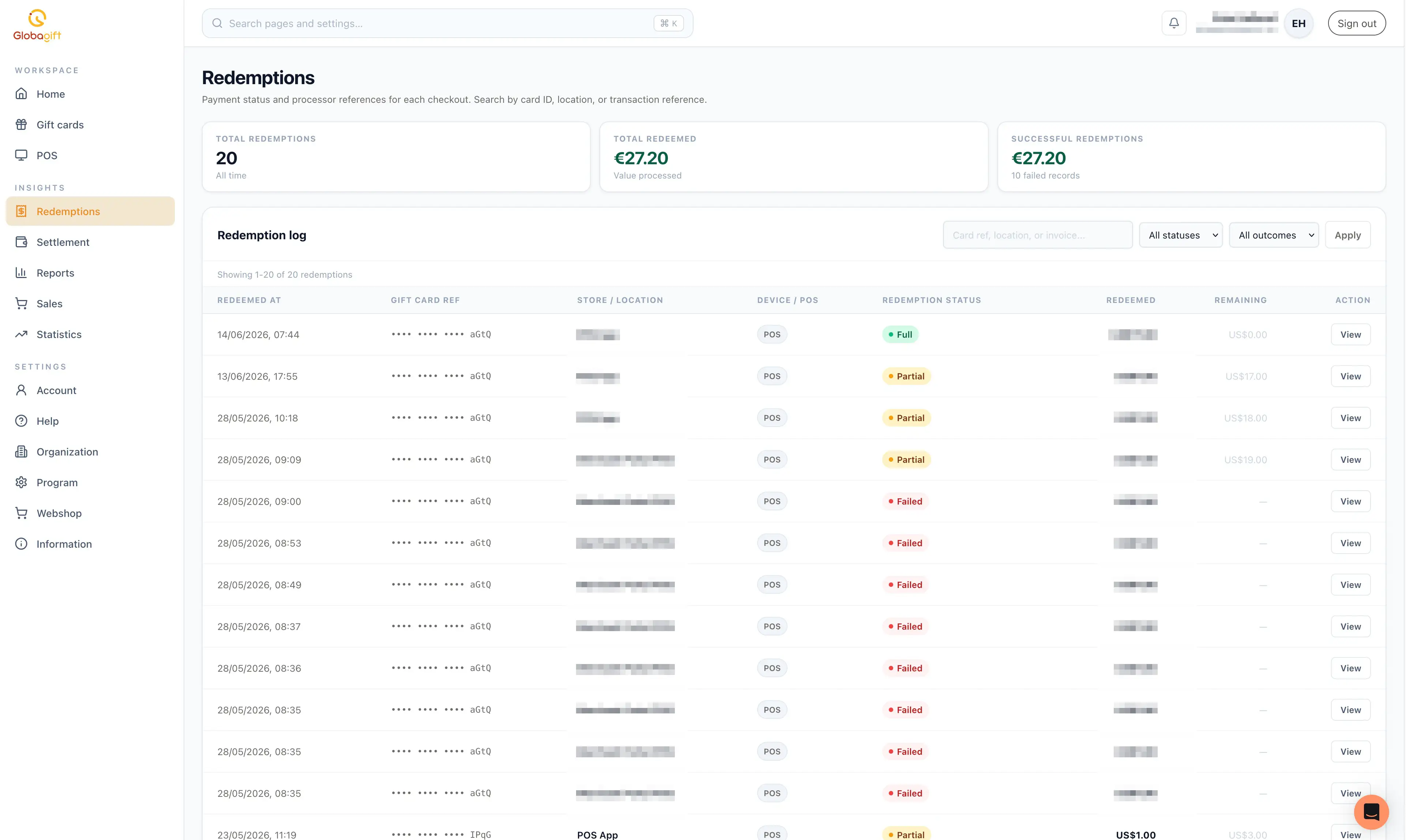 Redemptions page, showing summary totals and the redemption log table