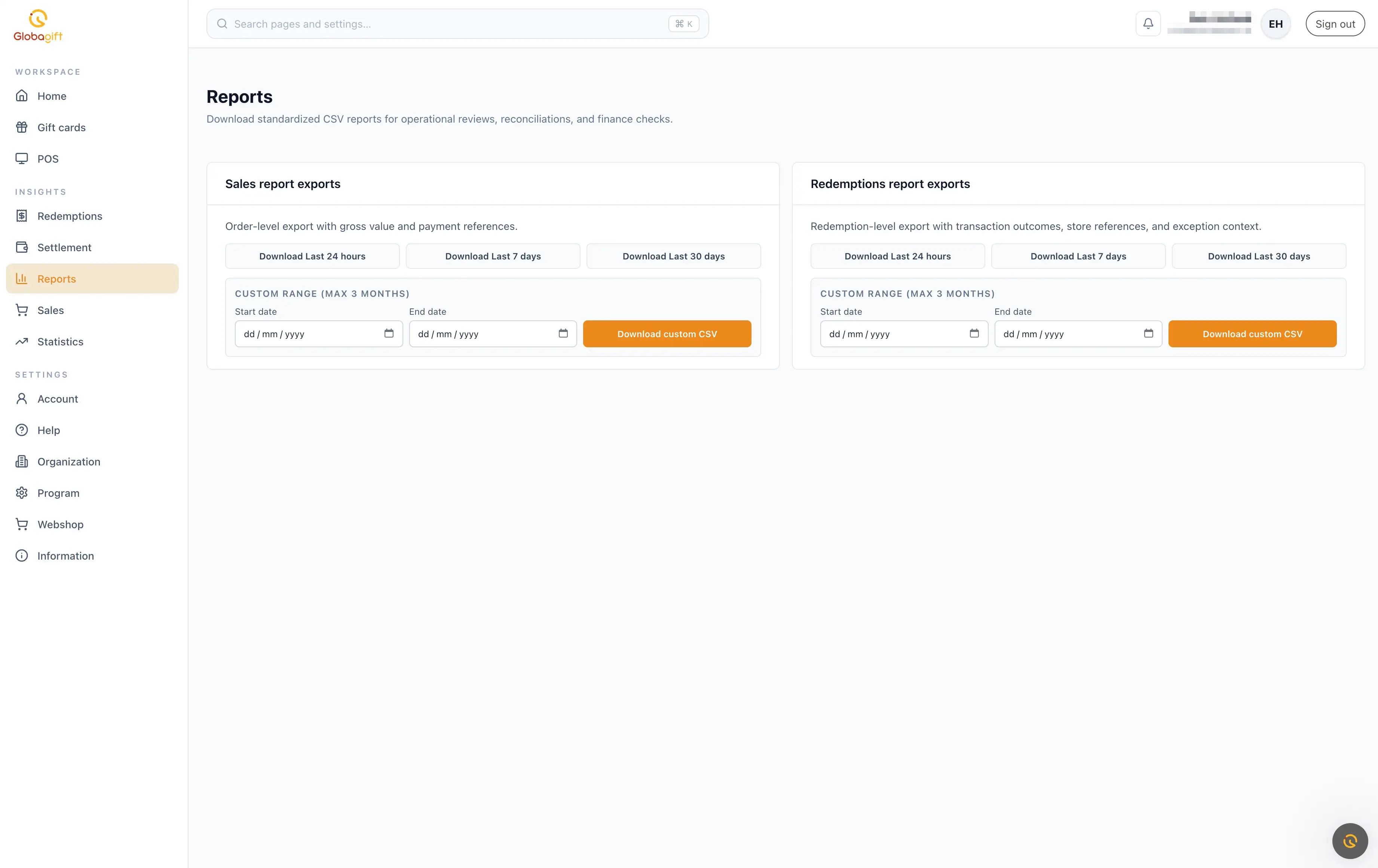 Reports page, showing sales report exports and redemptions report exports with quick downloads and custom range