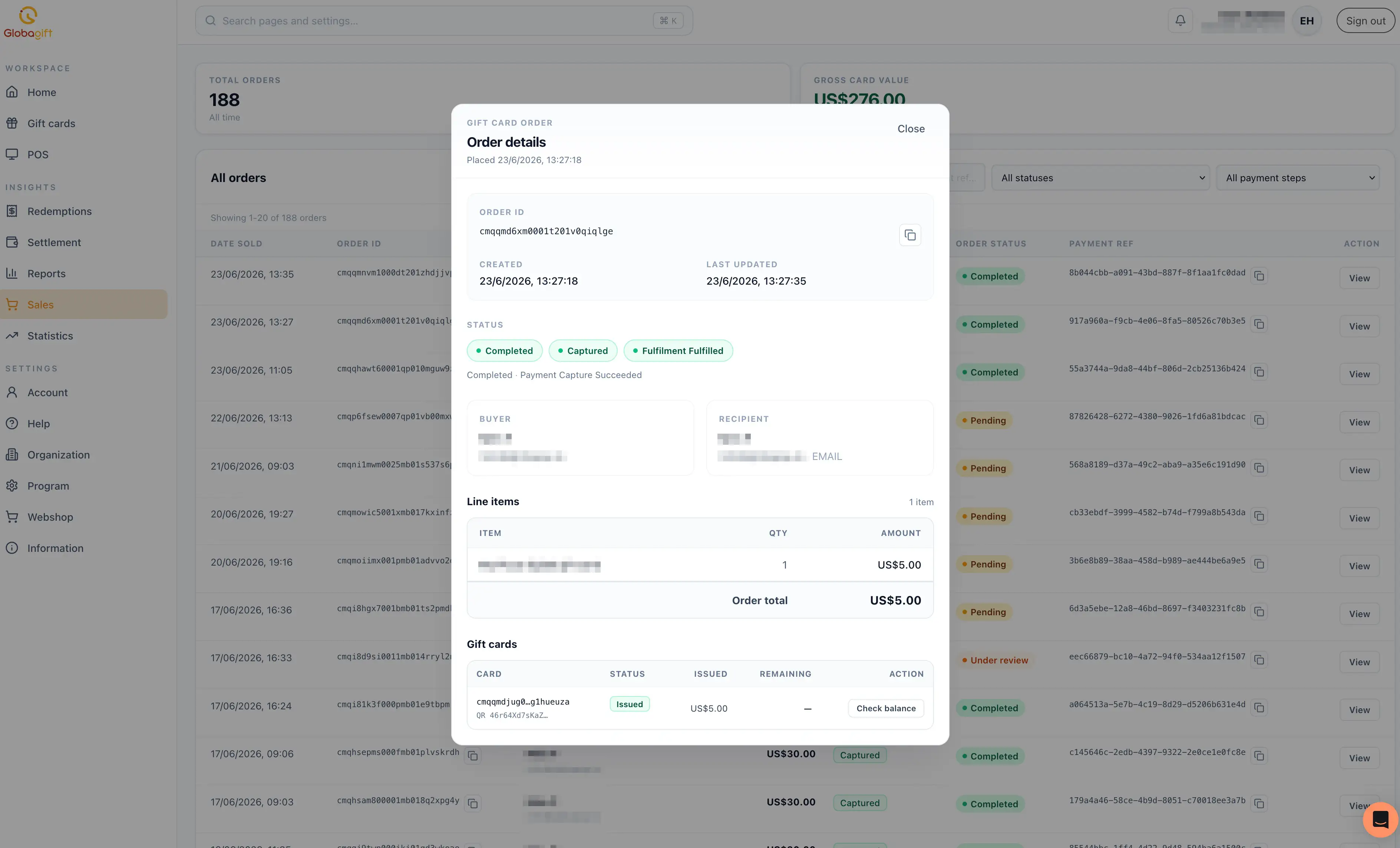 Order details panel, showing status, buyer/recipient, line items, and gift cards issued