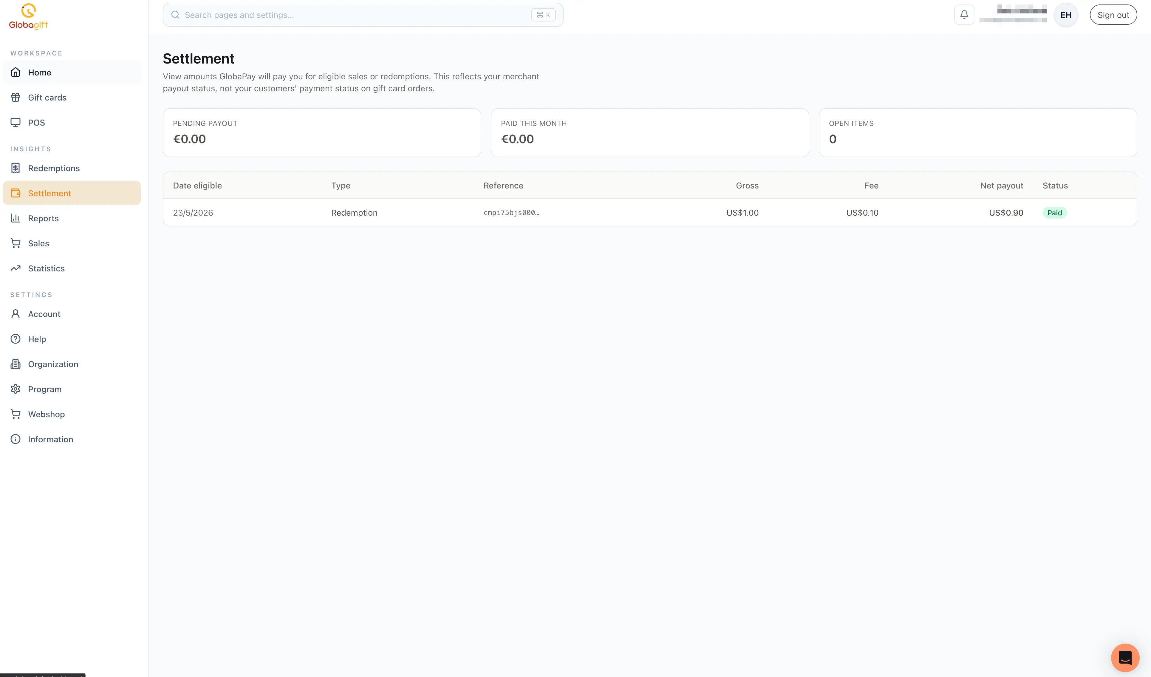 Settlement page, showing pending payout, paid this month, open items, and the settlement table