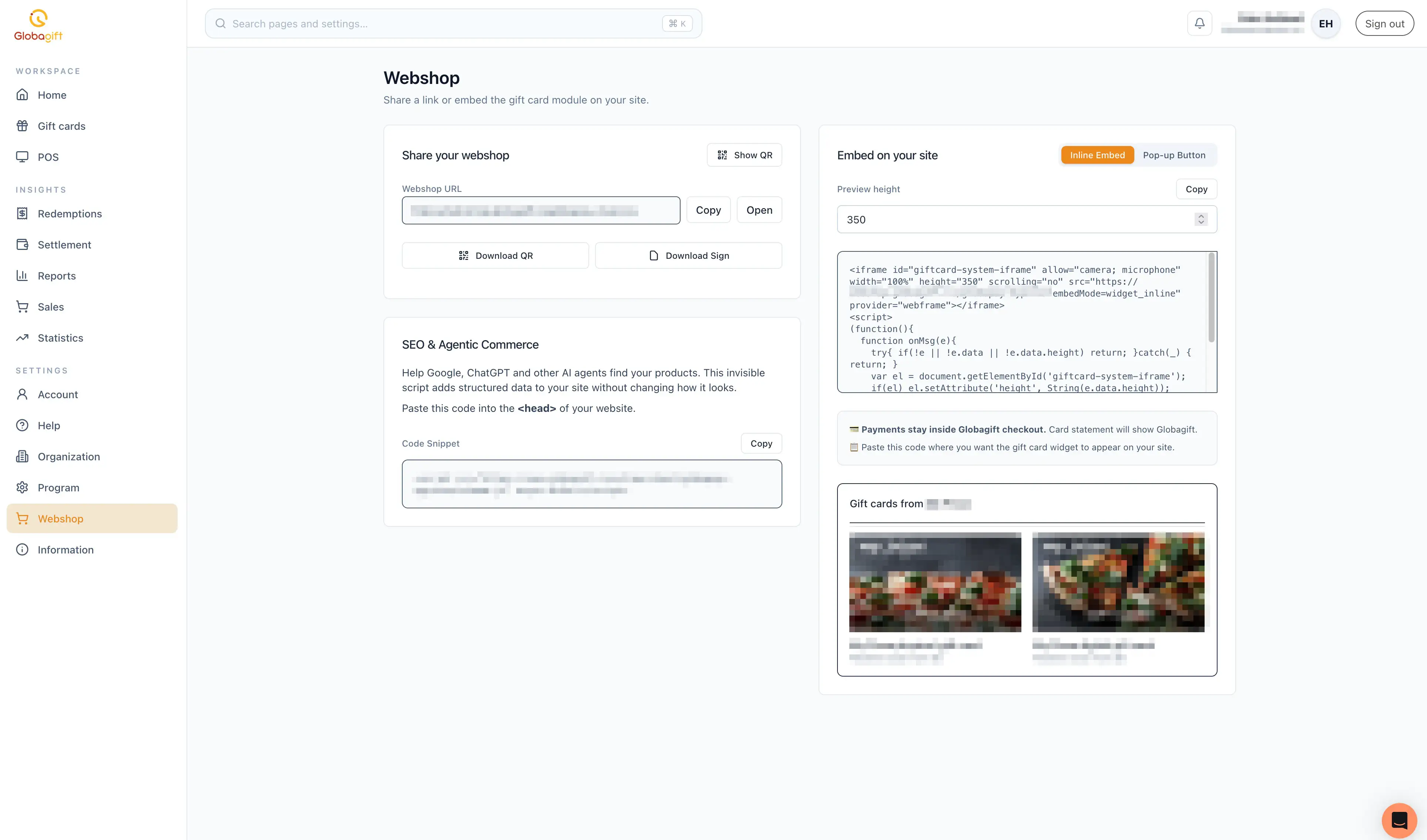 Webshop page with the Inline Embed option selected, showing the share panel and embed code