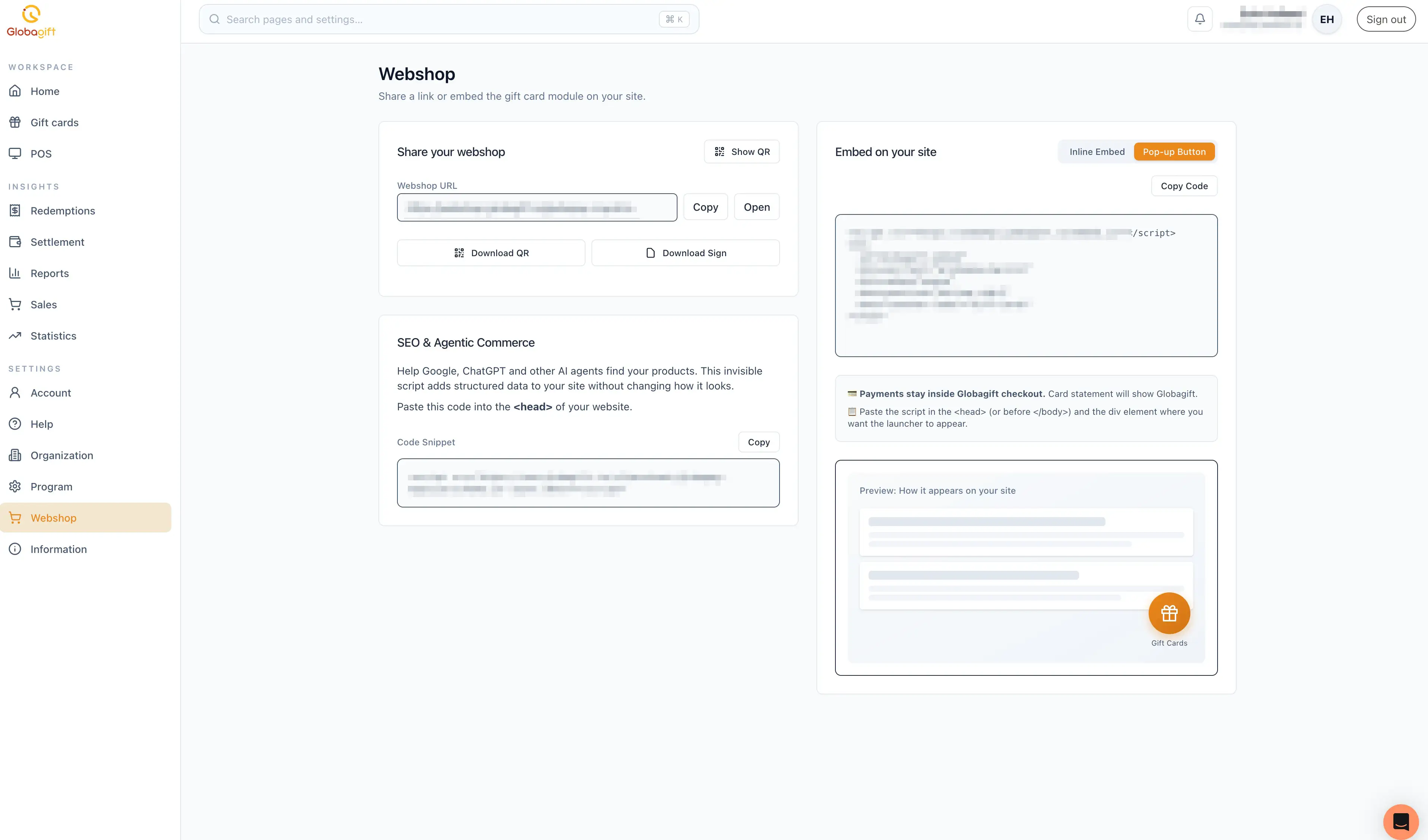 Webshop page with the Pop-up Button option selected, showing the embed script and site preview
