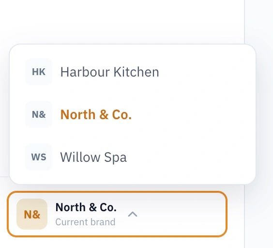 The current-brand control at the bottom of the portal sidebar, with Harbour Kitchen, North & Co. and Willow Spa in the open brand menu.
