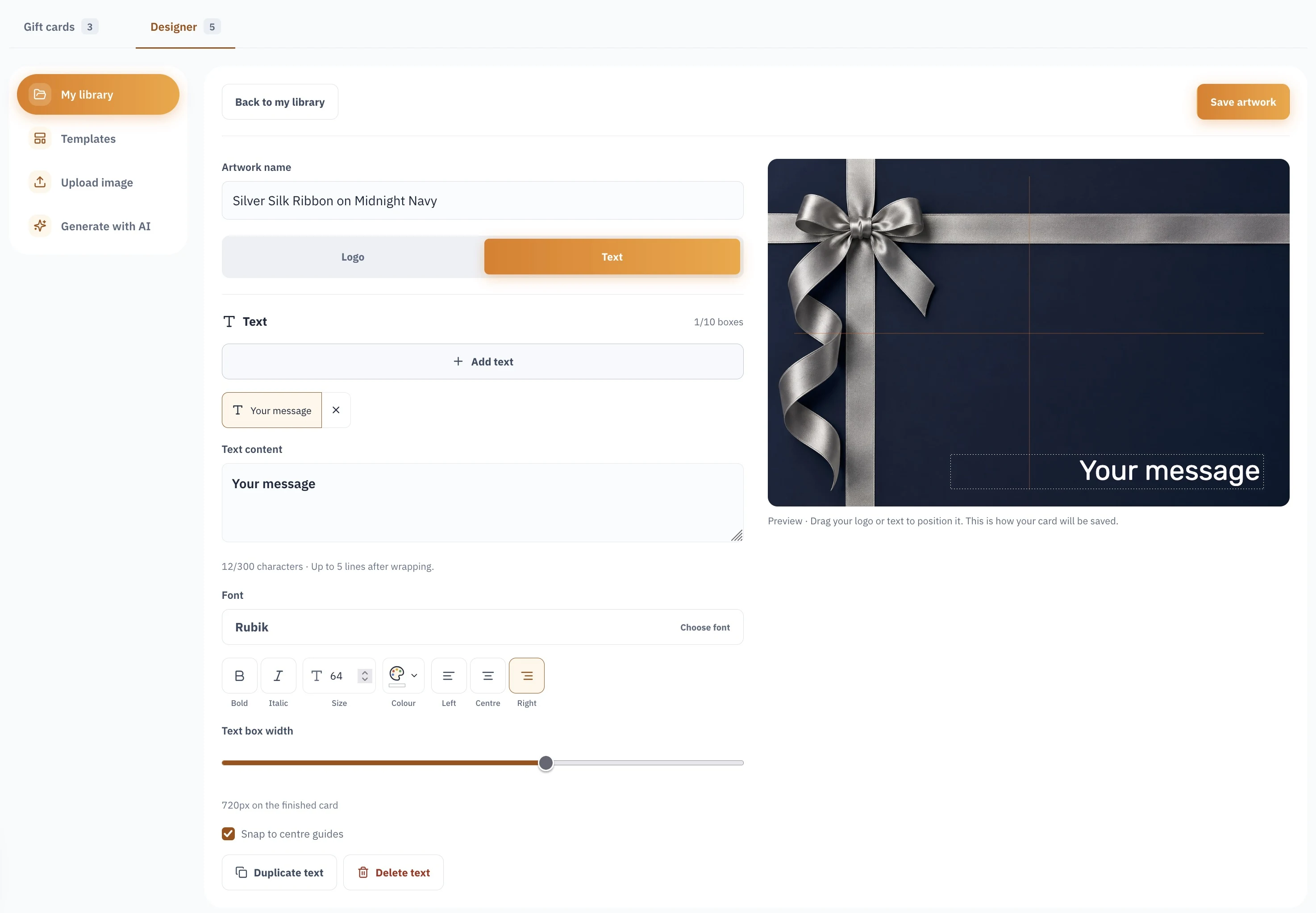 Gift card Designer editor with text formatting controls beside a live gift card preview.