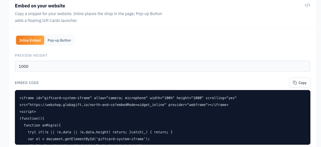 Inline Embed controls and generated website code for the example brand.