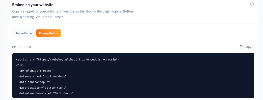Pop-up Button controls and generated website code for the example brand.